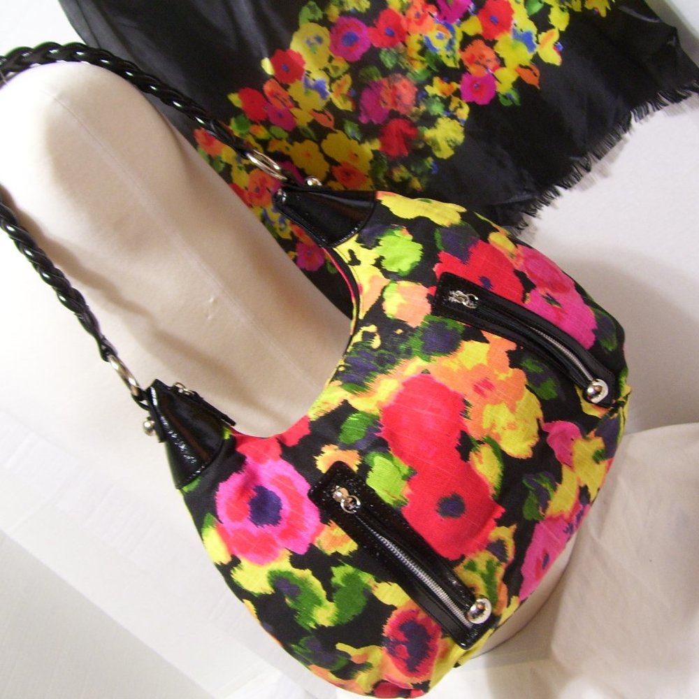 Fashion Handbag Black with Multi Floral Matching Scarf NWOT